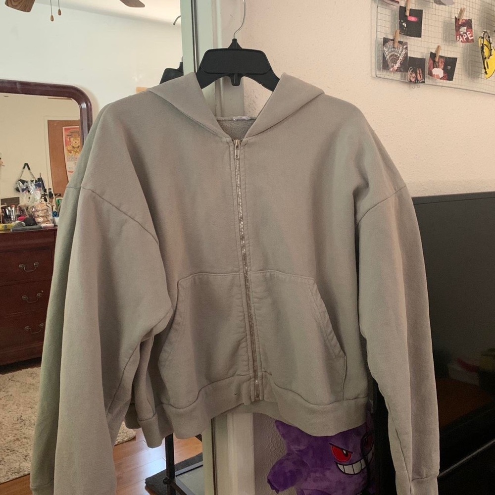 Cropped Heavy Fleece Zip Up Hooded Sweatshirt by Los Angeles Apparel- Sage Green